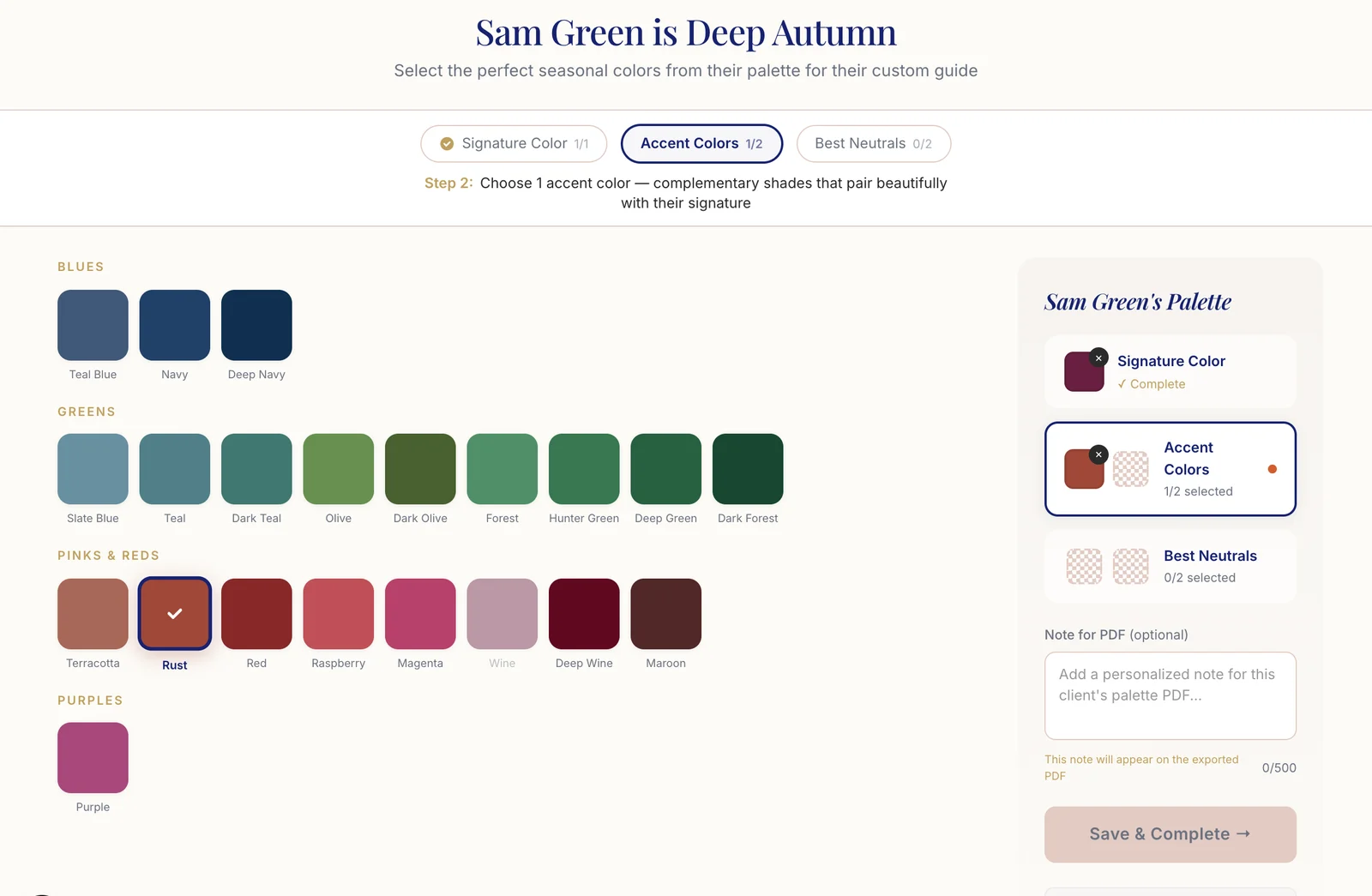 Hathaura color picker: Sam Green is Deep Autumn, with Wine chosen as her signature color and Rust as an accent