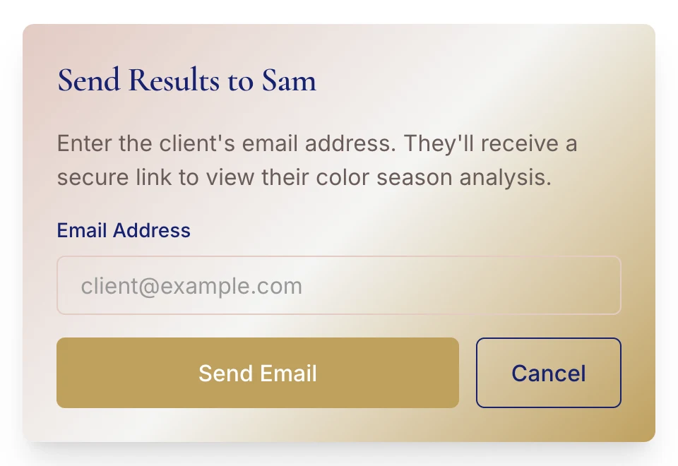Hathaura Send Results to Sam window: email the client a secure link to their color season analysis
