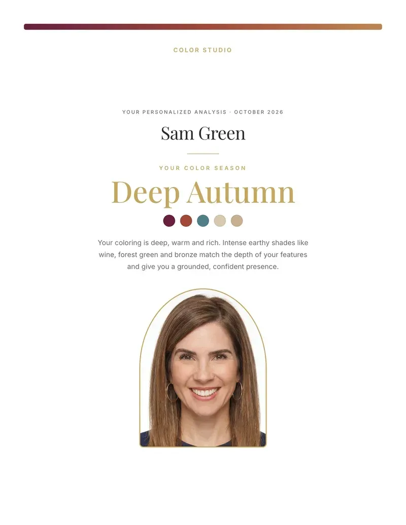 Cover of Sam Green’s color report: Deep Autumn, with her portrait and her picked colors