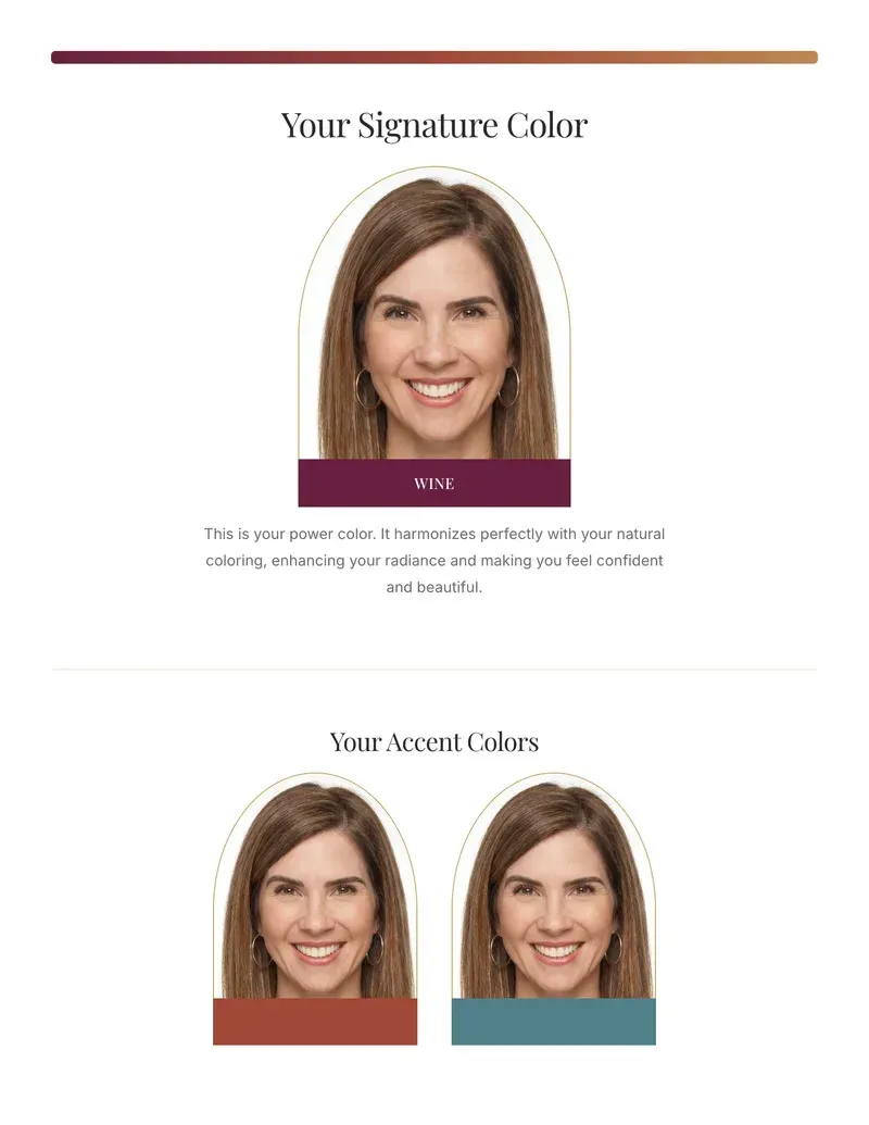 Report page: Sam’s signature color Wine and her accent colors Rust and Teal