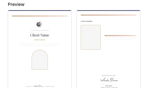 Live preview of a branded report cover and closing page with the stylist’s logo and signature