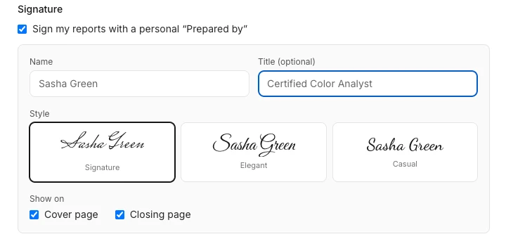 Hathaura branding settings: your name, title and a choice of three signature styles for “Prepared by”