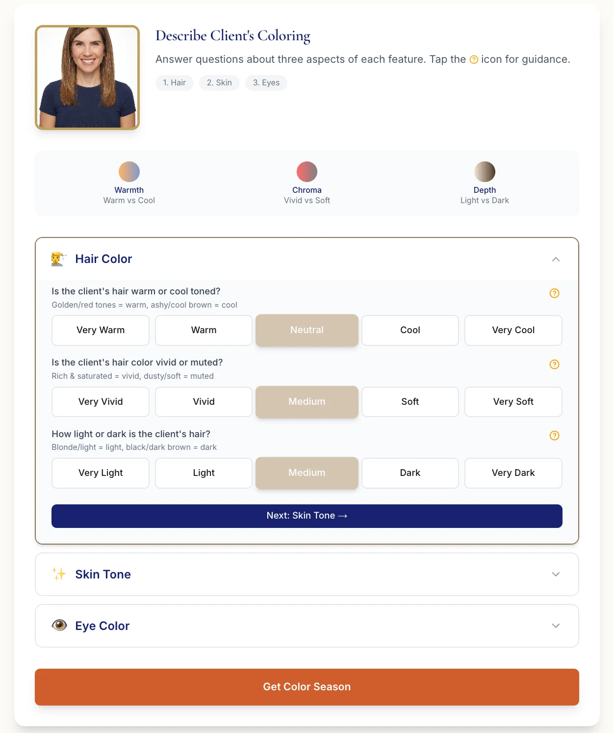 Hathaura analysis screen: rating a client’s hair on warmth, chroma and depth, with skin and eye sections below